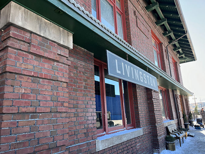 The front of the Butte depot, temporarily displaying a sign depicting it as being in Livingston