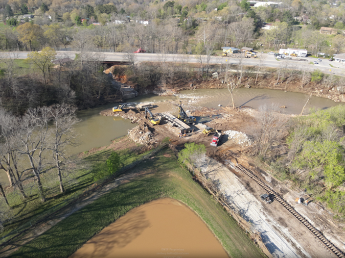 The site where BNSF’s bridge in Mammoth Spring, Arkansas was washed away