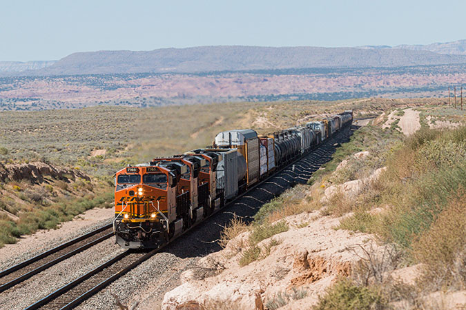 Mixed freight train rolls through desert.