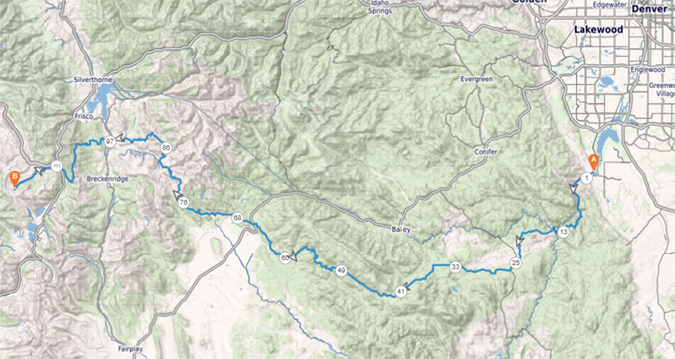 Hooper’s route started just southwest of Denver and continued through the Rocky Mountains, just past Breckenridge. 